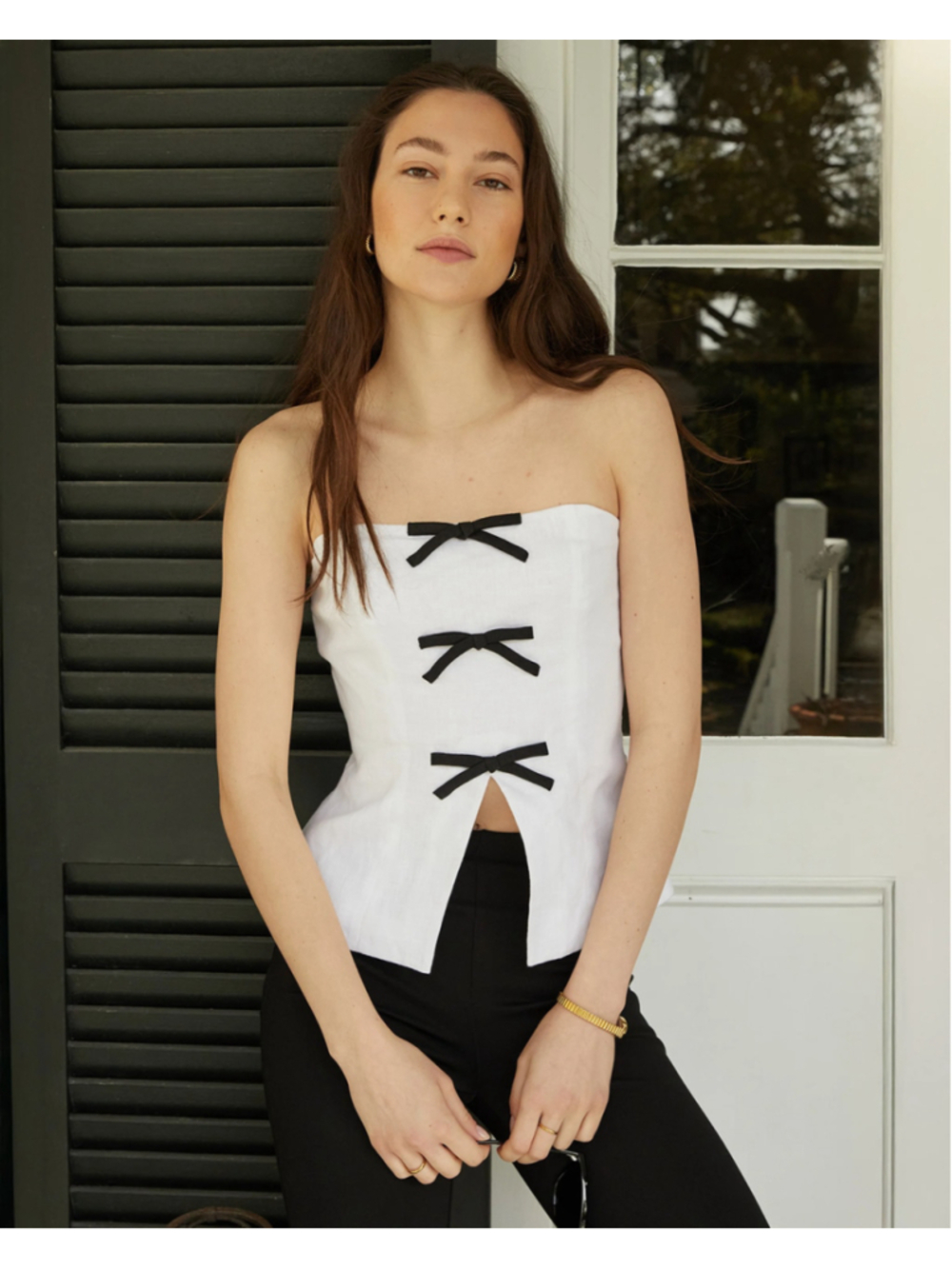 Women's Kourt White and Black Bow Detail Strapless Linen Top Size 8